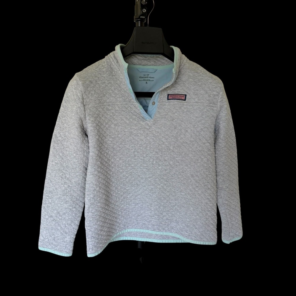 Vineyard Vines Boys XL 16 Quilted Shep Shirt Pullover Gray Blue Trim Snap Neck